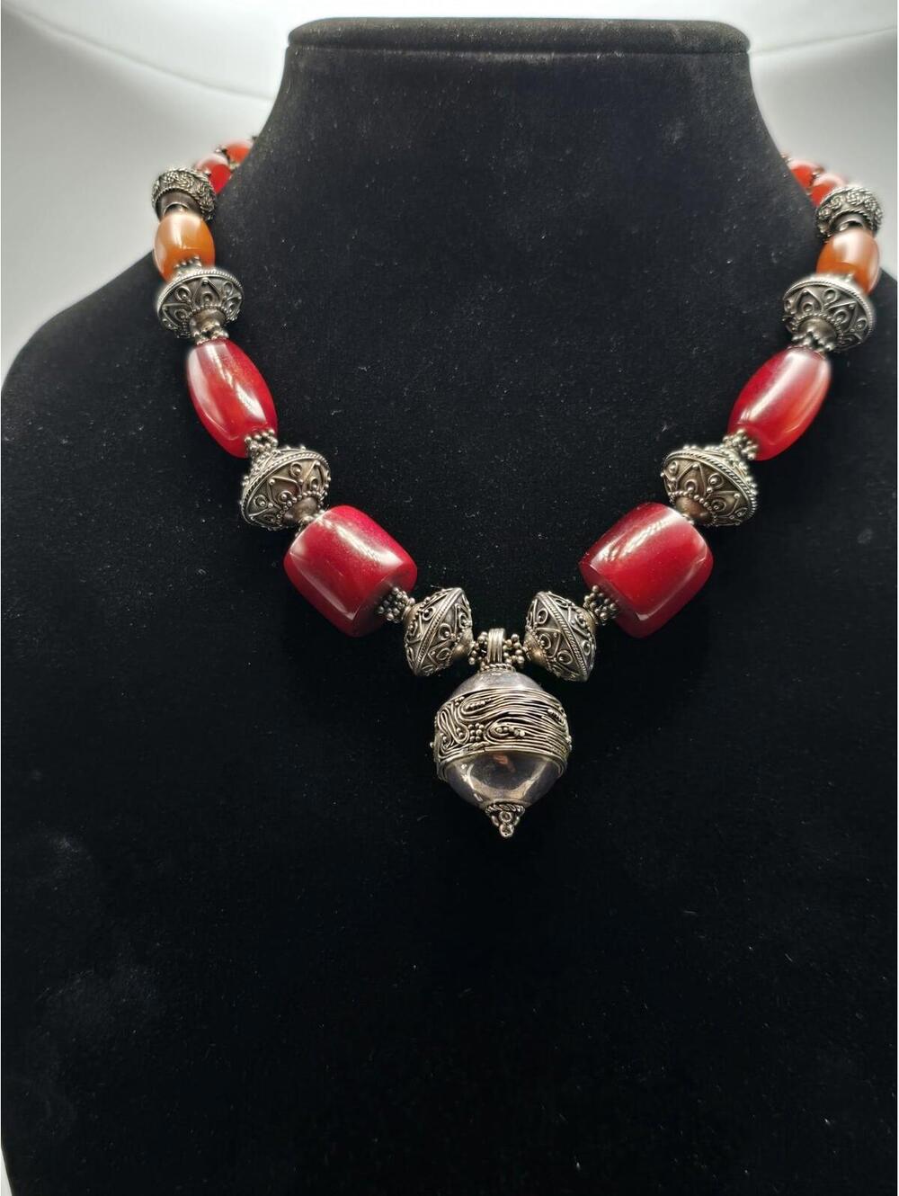 Vintage Sterling Silver Nepalese Necklace Catalin Bakelite